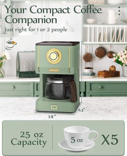 Amaste Drip Coffee Maker, Coffee Machine with 25 Oz Glass Coffee Pot, Retro Style Coffee Maker with Reusable Filter & Three Brewing Modes, 30minute-Warm-Keeping, Matcha Green