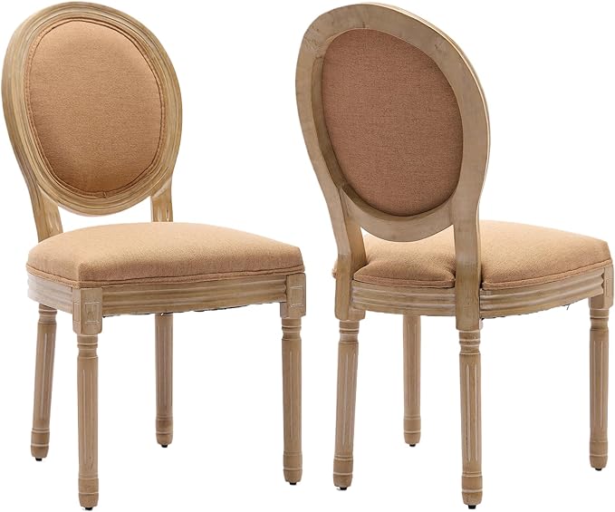 French Country Dining Chairs Set of 2, Amber Round Back Dining Chairs with Linen Upholstered Seat, Solid Wood Legs, Farmhouse Kitchen & Dining Room Chairs, Sillas De Comedor (Amber, 2Pcs)