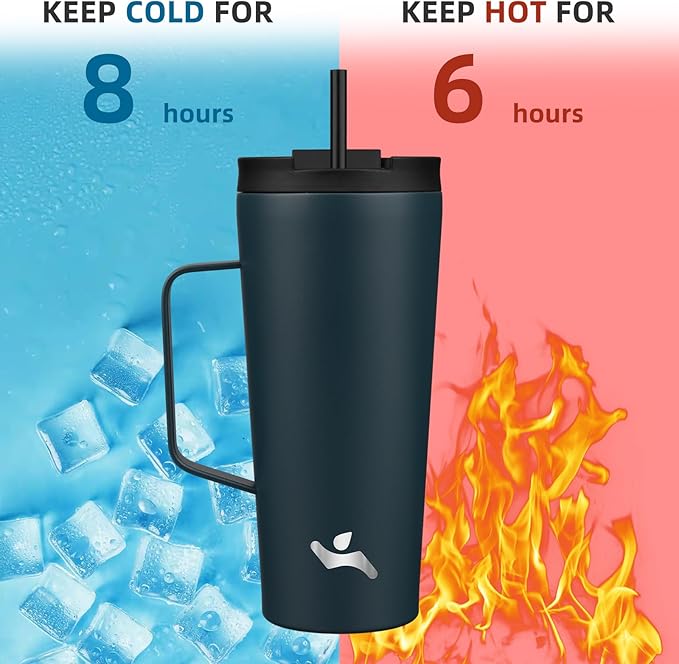 Insulated Tumbler with Handle and Straw, 22 OZ Travel Coffee Mug Stainless Steel Cup Metal Water Bottle,Navy Blue