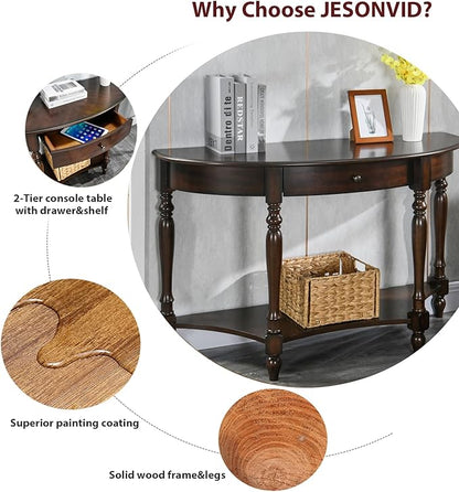 Solid Wood Console Table with Drawer and Storage Shelf, 45.3" Traditional Retro Semi-Circle Entryway Table Polished Edging Half-Moon Narrow Tables for Living Room Hallway Home, Vintage Walnut