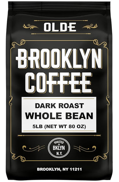 BROOKLYN COFFEE Whole Bean, Classic Dark Roast (5lb) Bold, Smooth Taste, Intense Aroma - Fresh Bulk Coffee Beans Roasted Weekly in NYC