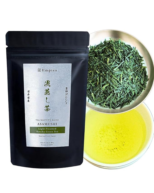 Emptea Sencha Japanese Green Tea Loose Leaf - Asamushi Light Steamed First Harvest Tea Masters Blend Oragnic Unsweetened Japanese Green Tea 2.82 oz (80g)