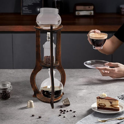 Cold Brew Drip Coffee Maker, 600ml/20.29 Ice Coffee Brewer Machine Cold-Drip Coffee Tower with Glass Container Wood Stand for Home Office