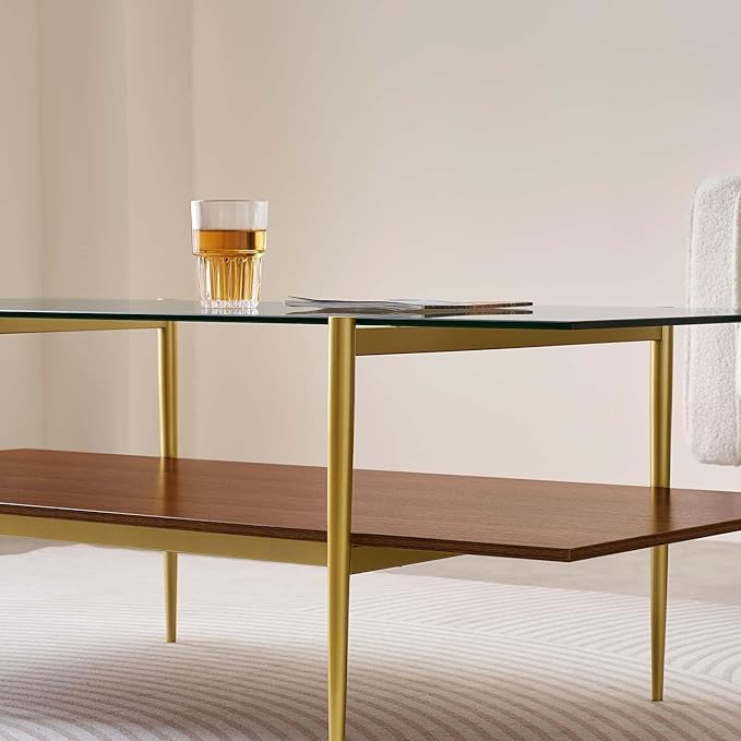 X-Large Rectangle Glass Coffee Table, Mid-Century Modern Design, for Living Room, L47 x W24 x H17 Inch, Clear Glass Top and Walnut MDF Shelf, Sleek Conical Legs with Gold Finish Frame