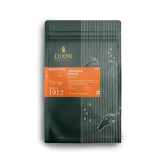 Luxmi Estates Orange Spice Black Tea 50 Tea Bags (100g) Pack | Certified Organic Black Tea | Smooth, Flavorful, Robust, Caffeinated | Darjeeling Tea from India | 50 Cups Bulk Pack