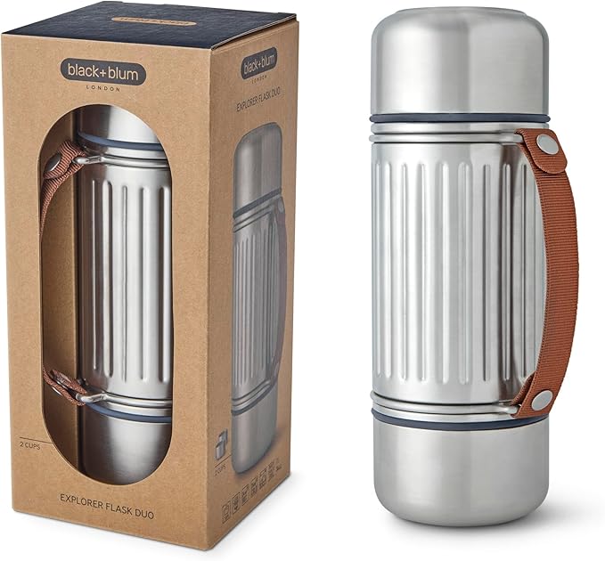 BLACK+BLUM - Insulated Explorer Flask Duo - Vacuum Insulated 304 Stainless Steel Flask with Leak Proof Lid, Nylon Carry Strap and two double-walled steel cups - Keeps Hot and Cold for 24 hours - 1L