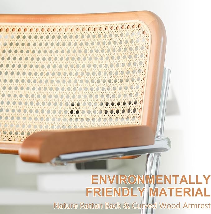 Rattan Office Chairs, Modern Rattan Desk Chair with Natural Back & Wood Armrest, Small Upholstered Tufted Leather Home Office Desk Chairs for Home Office, Bedroom, Study, White