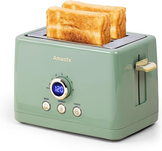 2 Slice Toaster, Retro Bread Toaster with LED Display, Extra Wide Slots Toasters with 6 Bread Shade Settings, Bagel, Cancel, Defrost Function, Stainless Steel with High Lift Lever, Removal Crumb Tray