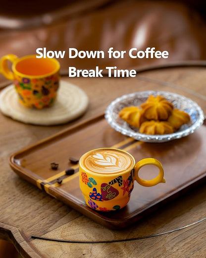 Ceramic Mini Espresso Cups Set of 2 – 3 oz Double Espresso Coffee Cups with Q Handle, Yellolw Floral and fruit Pattern, Small Espresso Shot Cups for Home Coffee Bar,Lungo