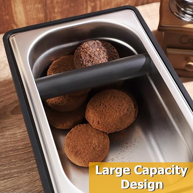Espresso Coffee Knock Box, Large Size Stainless Steel Coffee Pucks Container, with Noise Reduction Rubber Ring,Silicone Bar for Knocking Portafilter Filter Grinds