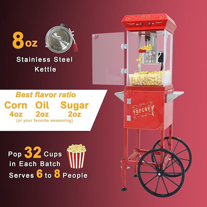 Popcorn Machine with Cart & Wheels - Stainless Steel 8OZ Kettle Pop corn Maker Machine for Home, Theater, Parties Grade Electric Popper, Red