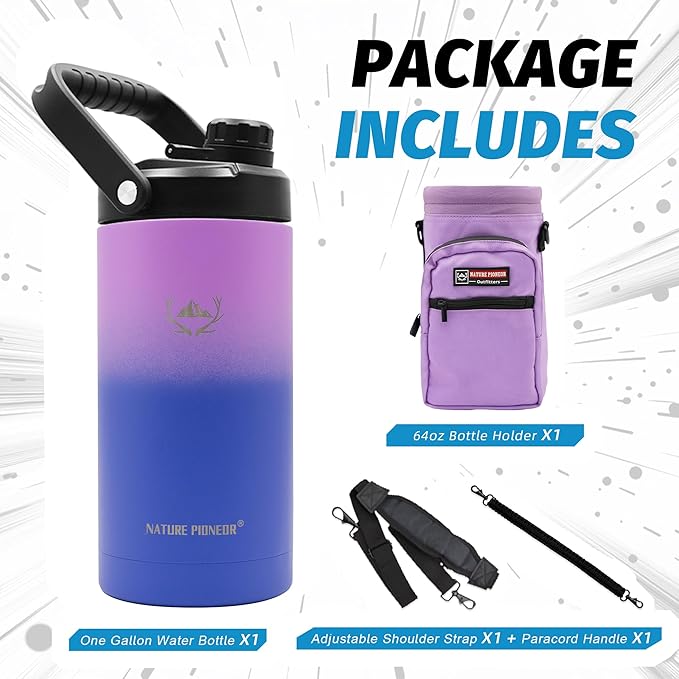 NATURE PIONEOR Insulated Water Bottles with Strap - 64 oz Stainless Steel Vacuum Wide Mouth Bottle with Holder/Carrier/Sleeve - 18/8 Food Grade 64oz Half Gallon Water Jug