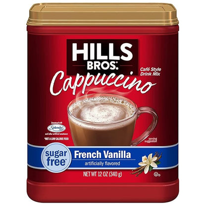 Hills Bros. Cappuccino Mix – Rich, Frothy Coffeehouse-Tasting Instant Drink Mix – Quick & Easy Preparation – Perfect for Hot & Iced Drinks & Creaming Coffee – Sugar-Free French Vanilla, 1 Pack of 12oz