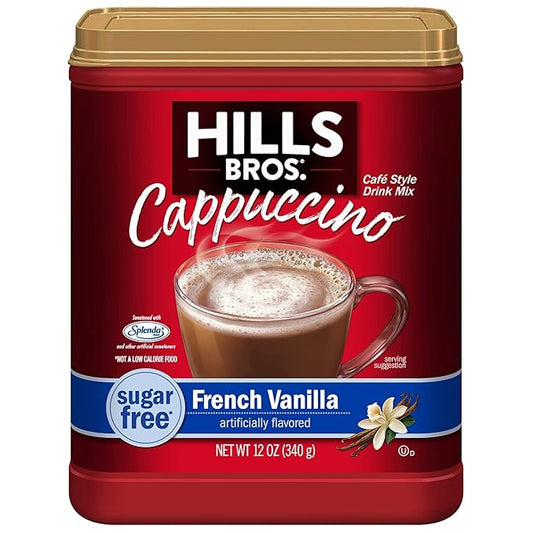 Hills Bros. Cappuccino Mix – Rich, Frothy Coffeehouse-Tasting Instant Drink Mix – Quick & Easy Preparation – Perfect for Hot & Iced Drinks & Creaming Coffee – Sugar-Free French Vanilla, 1 Pack of 12oz