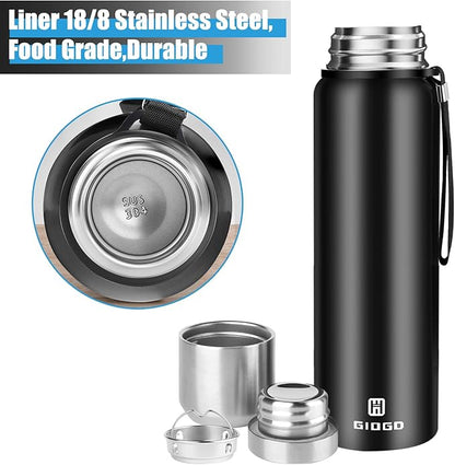 Insulated vacuum Thermo Bottle 750ml/25.4oz with cup Stainless steel coffee bottles for hot and cold drink water flask.(Black,750ml)