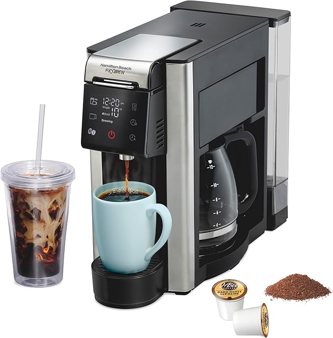 Hamilton Beach FlexBrew Advanced 5-in-1 Programmable 12 Cup Drip and Single Serve Hot & Iced Coffee Maker with Movable 60oz. Water Reservoir, Use Pod Packs and Grounds, Fast Brewing, Black (49924)
