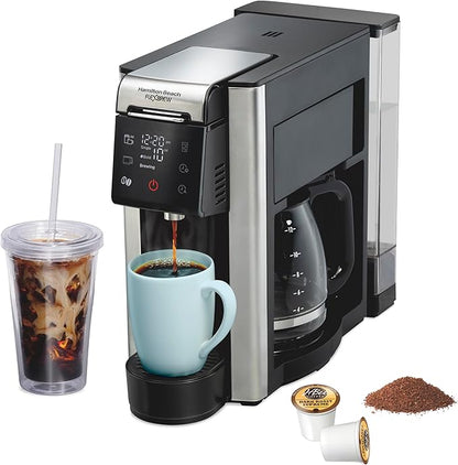 Hamilton Beach FlexBrew Advanced 5-in-1 Programmable 12 Cup Drip and Single Serve Hot & Iced Coffee Maker with Movable 60oz. Water Reservoir, Use Pod Packs and Grounds, Fast Brewing, Black (49924)