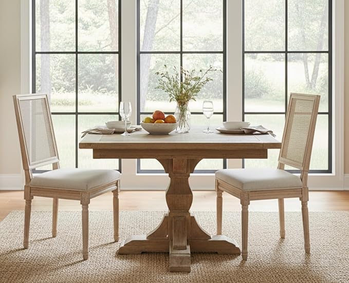 CIMOTA Farmhouse Dining Chairs Set of 2, French Rattan Dining Room Chairs with Rectangle Back/Distressed Wood Upholstered Vintage Side Chairs for Kitchen/Restaurant, Beige/2PCS