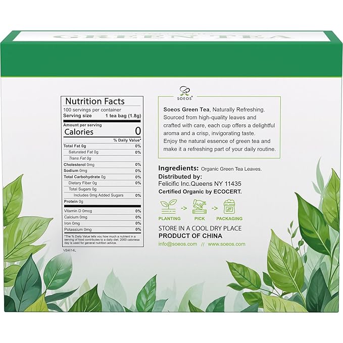 Soeos Organic Green Tea, 100 Tea Bags (Pack of 1), Caffeinated, Low Caffeine, Fresh and Healthy Green Tea, 6.3 Ounce