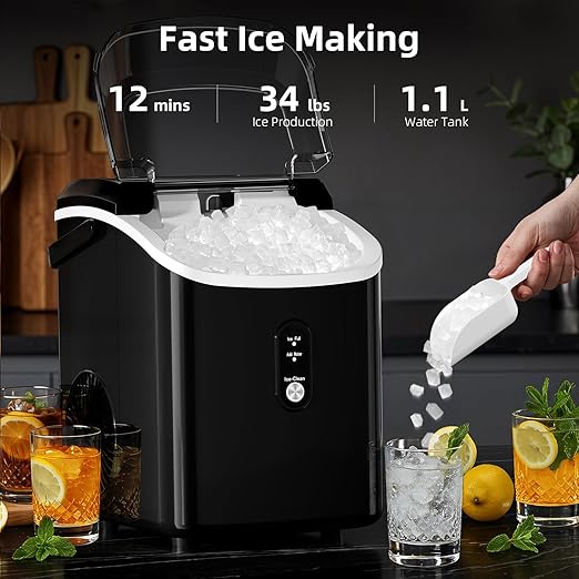 Nugget Countertop Ice Maker with Soft Chewable Pellet Ice, Automatic 34Lbs/24H,Pebble Portable Ice Machine with Ice Scoop, Self-Cleaning, One-Click Operation, for Kitchen,Office, Bar(Highlight Black)