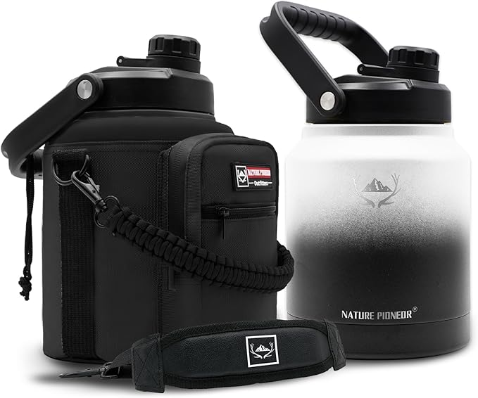 NATURE PIONEOR Insulated Water Bottles with Strap Pouch - 84 oz Stainless Steel Vacuum Bottle with Holder/Carrier/Sleeve - 18/8 Food Grade 84oz Water Jug