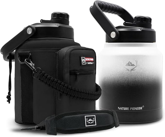 NATURE PIONEOR Insulated Water Bottles with Strap Pouch - 84 oz Stainless Steel Vacuum Bottle with Holder/Carrier/Sleeve - 18/8 Food Grade 84oz Water Jug