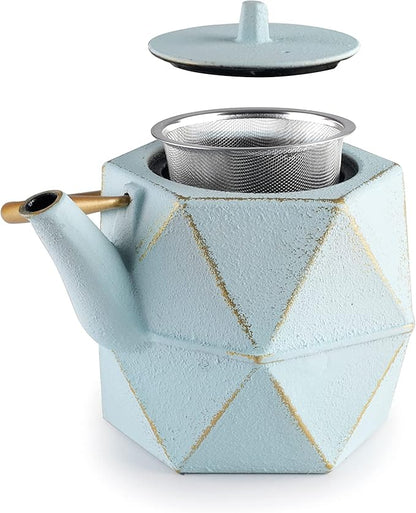 IBILI 40 Oz Kerala Cast Iron Teapot | Made in Spain | Diamond Design, Stainless Steel Infuser, Enameled Interior, Stovetop & Induction Compatible, Japanese Kettle for Leaf Tea, Tetsubin, Light Blue