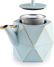 IBILI 40 Oz Kerala Cast Iron Teapot | Made in Spain | Diamond Design, Stainless Steel Infuser, Enameled Interior, Stovetop & Induction Compatible, Japanese Kettle for Leaf Tea, Tetsubin, Light Blue