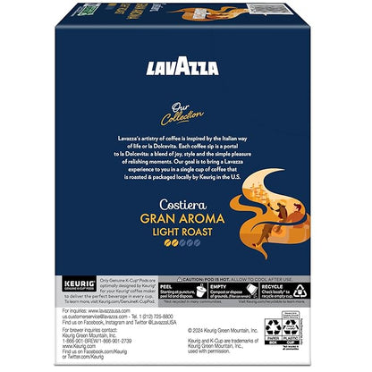 Lavazza Costiera Gran Aroma, Single-Serve Keurig K-Cup Pods, Light Roast Coffee, 88-Count Box (4 Packs of 22)