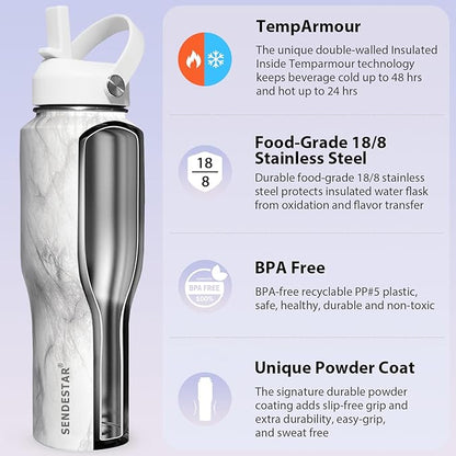 SENDESTAR 40oz Stainless Steel Water Bottle(Cold for 48 Hrs, Hot for 24 Hrs),Double Wall Vacuum Insulated Bottle with Straw Lid, Spout Lid and Flex Cap, Fit in Any Car Cup Holder TXIN-40-Marbling
