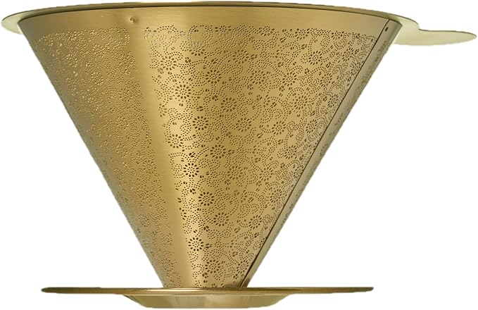ATHIA Golden Reusable Coffee Filter, Stainless Steel Pour Over Dripper with Laser-etched Mesh Cone, Eco-friendly Paperless Design, Fits Most Mugs, Carafes & Hario Brewers (Golden, Flower Carving)