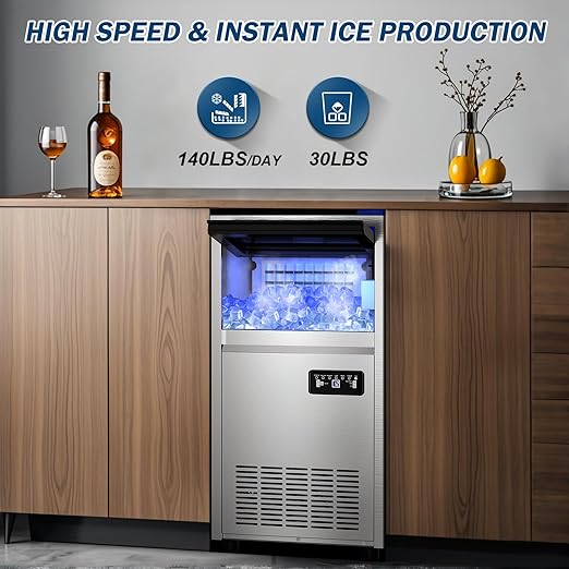 140Lbs/24H Ice Maker Machine with 30Lbs Ice Capacity for Commercial &Home use, 50Pcs Clear Ice Cubes per Round in 11-20Mins, Stainless Steel Under Counter Freestanding Ice Machine Maker