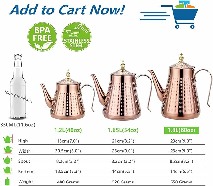 SANQIAHOME 1.8L(60oz) Stainless Steel Hammer Patterned Teapot With Removeable Infuser,Loose leaf cover,Copper