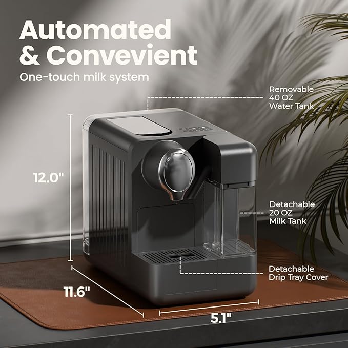 Espresso Machine with Integrated Automatic Milk Frother - Single-Serve Coffee Maker Capsule Compatible, One Touch Latte & Cappuccino, Single or Double Shot Espresso Maker