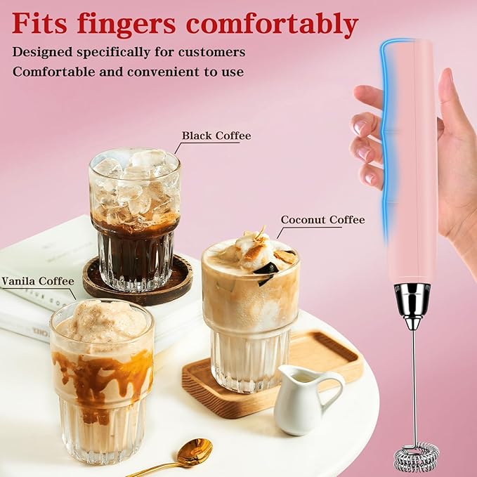 Milk Frother Handheld for Coffee, Electric Whisk 3 Speed Adjustable, Drink Mixer with Stainless 3 Whisks, Rechargeable Hand Frother Wand, Foam Maker for Latte Cappuccino Hot Chocolate Egg Pink