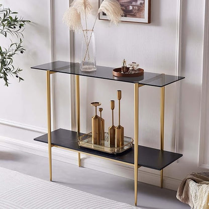 Glass Console Table for Living Room, Foyer & Entrance, 2-Tiers Mid-Century Modern Sofa Table with Grey Glass Top, Black Marble Finish Wood Shelf and Gold Finish Frame