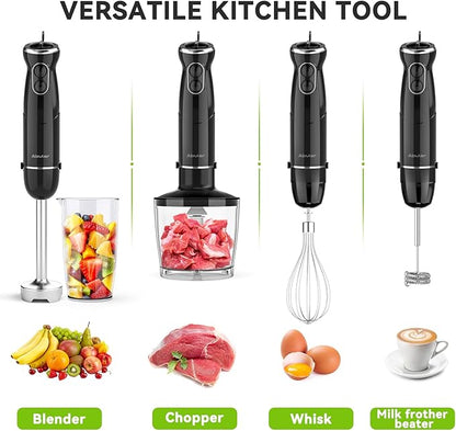 Immersion Blender Handheld Hand Blender, 1000W 5 in 1 Hand Mixer Stick, BPA-Free 12 Speed Handheld Blender 304 Stainless, Mixing Beaker, Chopper, Whisk, Milk Frother, Soup, Smoothies, Baby Food, Sauce