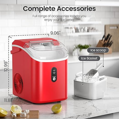 Nugget Ice Maker Countertop with Self-Cleaning Function, 35lbs/Day, Portable Ice Machine with Handle, One-Click Operation, Compact Design, Sonic Pellet Ice for Home(Red)