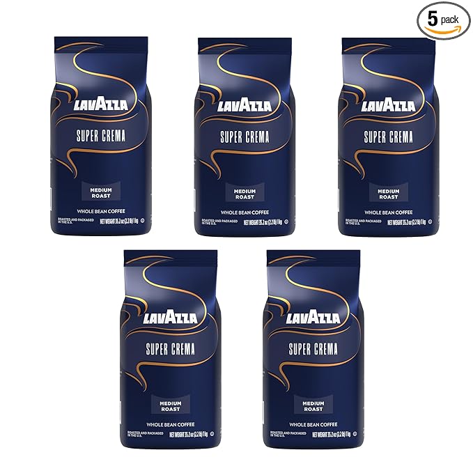 Lavazza Super Crema Whole Bean Coffee, Medium Espresso Roast, Arabica and Robusta Blend, 2.2 lb Bag (Pack of 5)