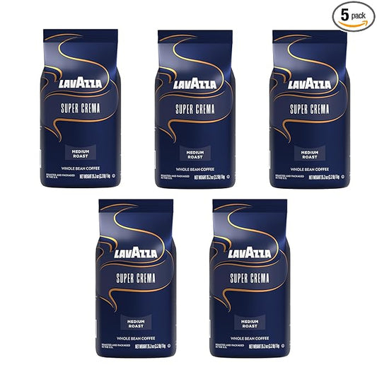 Lavazza Super Crema Whole Bean Coffee, Medium Espresso Roast, Arabica and Robusta Blend, 2.2 lb Bag (Pack of 5)