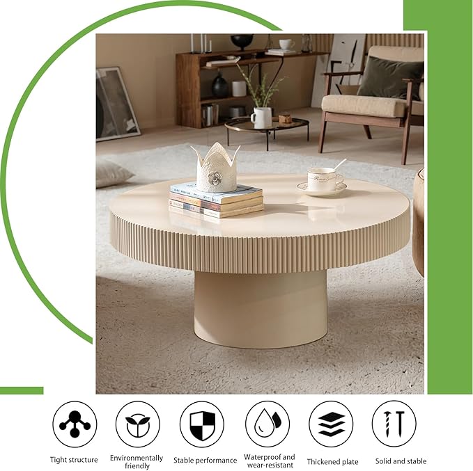 Handmade Wooden Drum Coffee Table、Elegant Round Fluted Wood Coffee Tables、Rustic Modern Circular Centerpiece for Living Room & Farmhouse Decor (A White 30.7in)