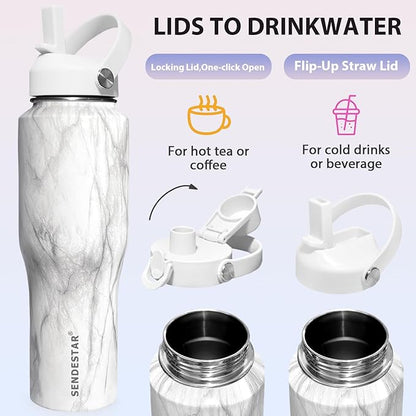 SENDESTAR 40oz Stainless Steel Water Bottle(Cold for 48 Hrs, Hot for 24 Hrs),Double Wall Vacuum Insulated Bottle with Straw Lid, Spout Lid and Flex Cap, Fit in Any Car Cup Holder TXIN-40-Marbling