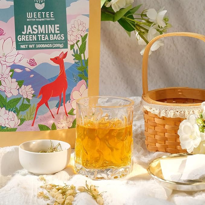 WT WEETEE Jasmine Green Tea Bags, 100 Count Jasmine Scented Green Tea, Refreshing & Relaxing, No Artificial Flavors | Resealable Kraft Bag | Brew Hot or Iced