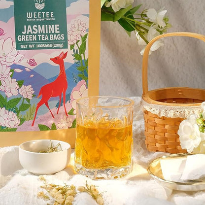 WT WEETEE Jasmine Green Tea Bags, 100 Count Jasmine Scented Green Tea, Refreshing & Relaxing, No Artificial Flavors | Resealable Kraft Bag | Brew Hot or Iced