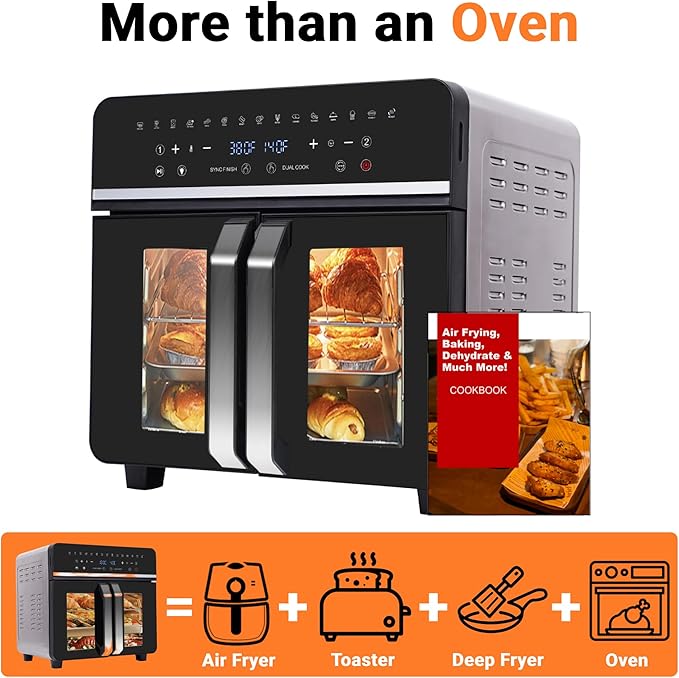 24Qt Large Air Fryer Toaster Oven Combo - French Double Door Airfryer, 15 Cooking Functions Touch Dual Zone Independent Control Electric Oven, Stainless Steel Air Fryers Oven 13 Accessories & Cookbook