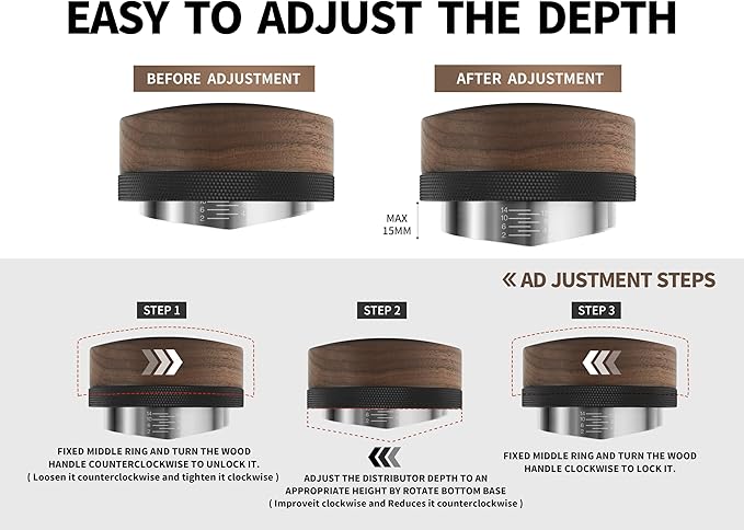 51mm Coffee Distributor,Espresso Distribution Tool, Adjustable Depth Espresso Distributor Fits All 51MM Espresso Portafilter,espresso leveler compatible with 51MM Portafilter.