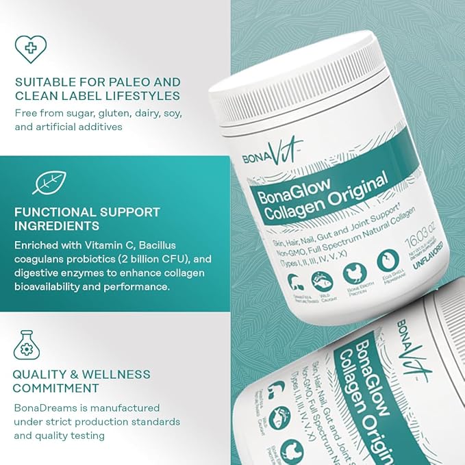 BonaGlow - Multi-Source Hydrolyzed Collagen - Powder Extract - 44 Servings - with Vitamin C, Probiotics, and Digestive Enzymes - Sugar-Free and Non-GMO - Paleo-Friendly - Skin, Nails, Hair