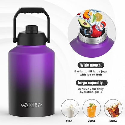 1 Gallon Water Bottle Insulated(Cold for 48 Hrs),BPA Free&Leak Proof,128oz Stainless Steel Water Jug,Big thermo,Large Water Bottle with Handle for Gym,Hiking,Camping&Travel,Purple