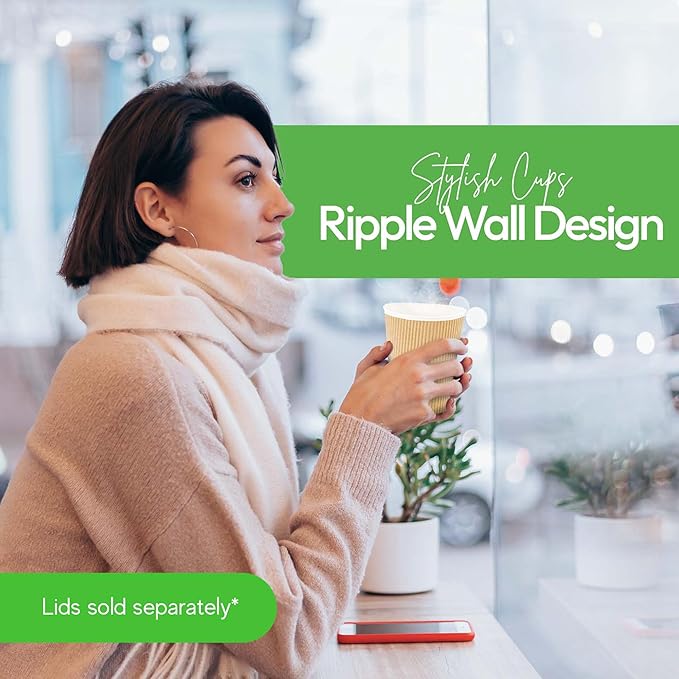 500-CT Disposable Kraft 12-OZ Hot Beverage Cups with Ripple Wall Design: No Need for Sleeves - Perfect for Cafes - Eco-Friendly Recyclable Paper - Insulated - Wholesale Takeout Coffee Cup