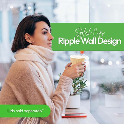 500-CT Disposable Kraft 12-OZ Hot Beverage Cups with Ripple Wall Design: No Need for Sleeves - Perfect for Cafes - Eco-Friendly Recyclable Paper - Insulated - Wholesale Takeout Coffee Cup